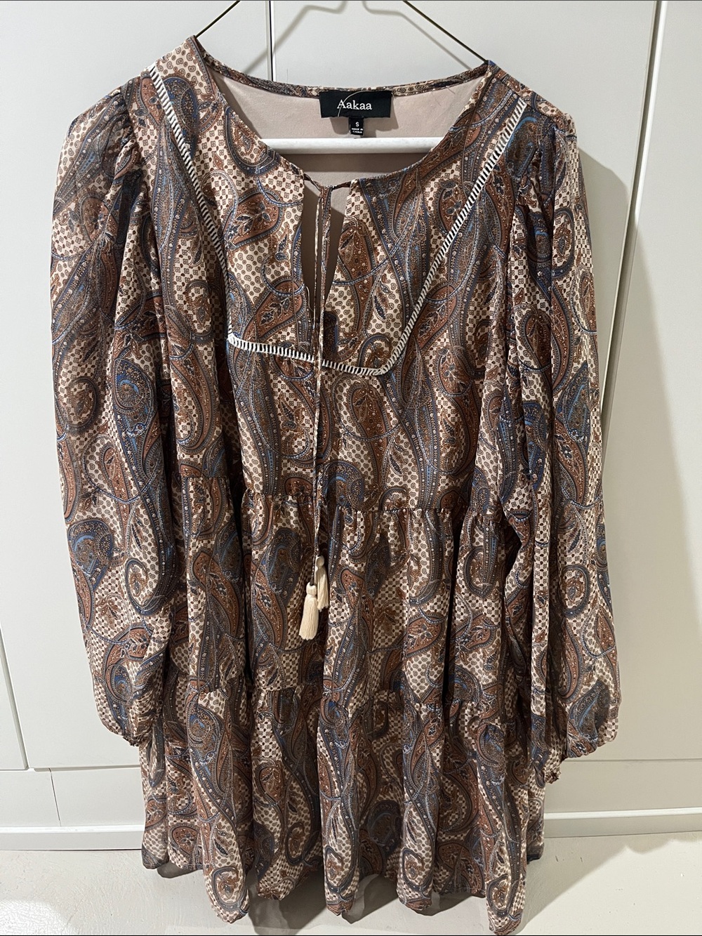 Aakaa Brown and Blue Paisley Long-Sleeve Peasant Dress